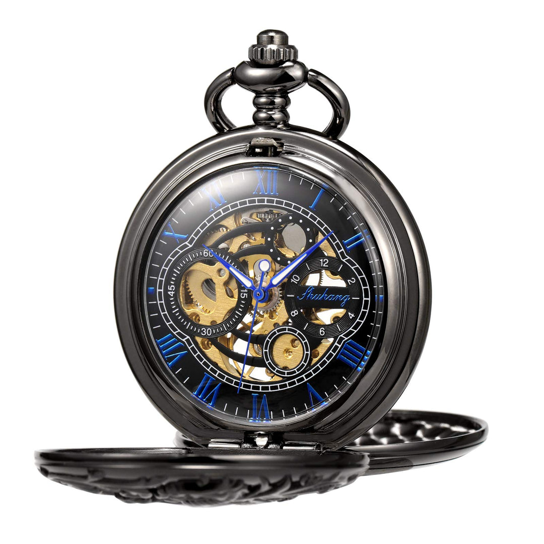 TREEWETO Unisex Taschenuhr mit Kette Analog Handaufzug Doppelscharnier Antik Drache Skelett Bronze 3