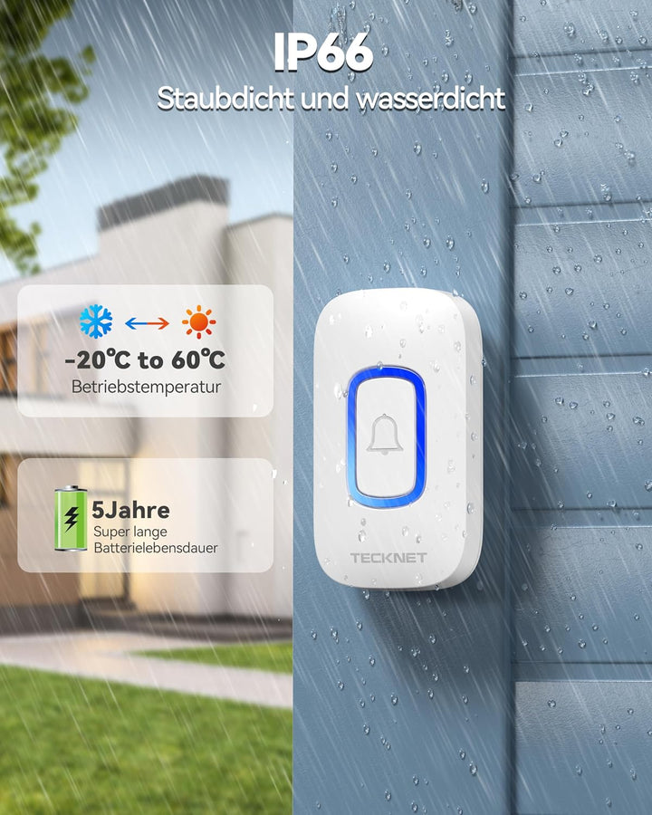 TECKNET Funkklingel, 400M Funk Reichweite Türklingel Set mit RGB Licht, IP66 Aussen Wasserdicht Haus