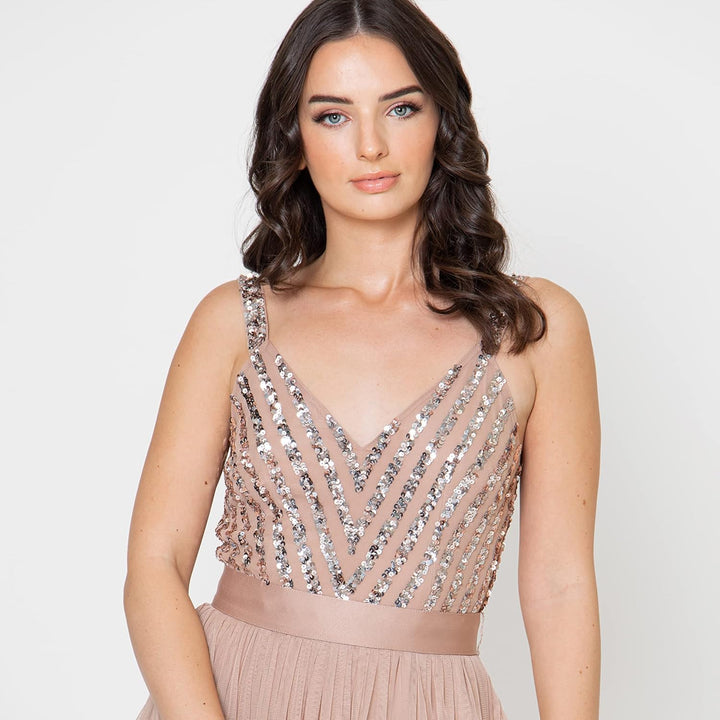 Maya Deluxe Damen Maxi Abendkleid Elegant für Hochzeit mit V-Ausschnitt Tüllkleid Schleife Brautjung