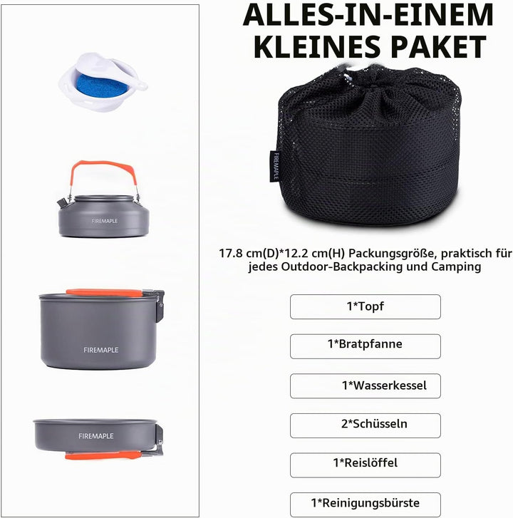 Fire-Maple Feast 2 Camping Kochgeschirr Set Outdoor-Kochset mit Topf, Wasserkocher, Pfanne, Schalen