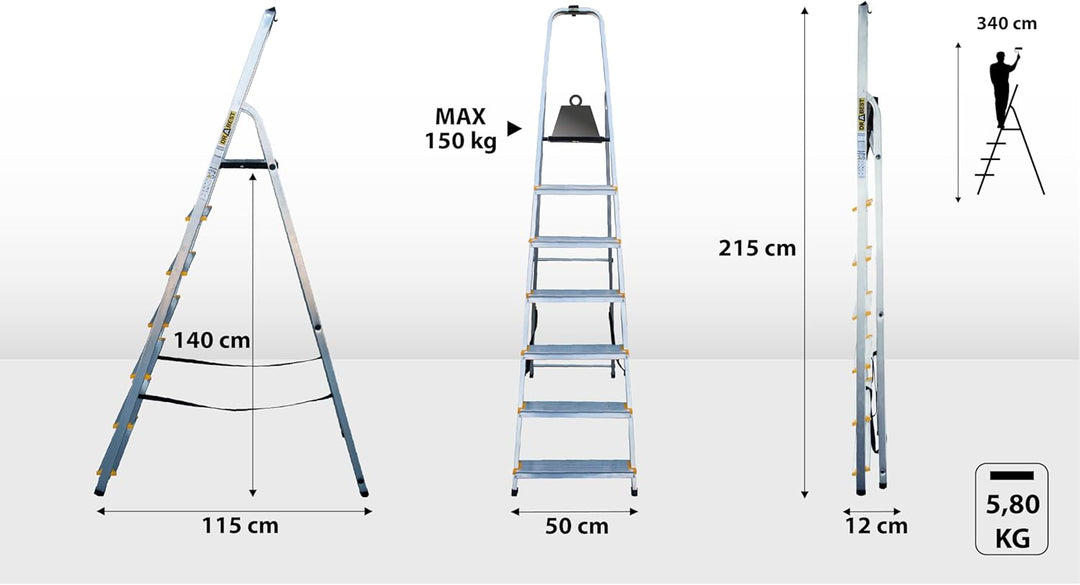 Drabest - PRO Haushaltsleiter - Stehleiter - 7 Stufen - Arbeitshöhe 3,40m - Klappleiter aus Aluminiu