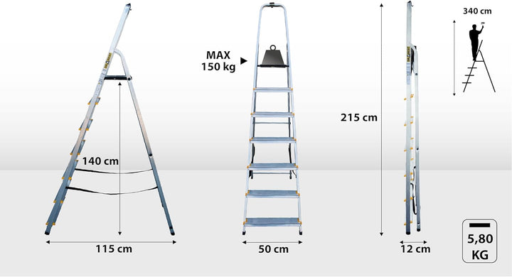 Drabest - PRO Haushaltsleiter - Stehleiter - 7 Stufen - Arbeitshöhe 3,40m - Klappleiter aus Aluminiu