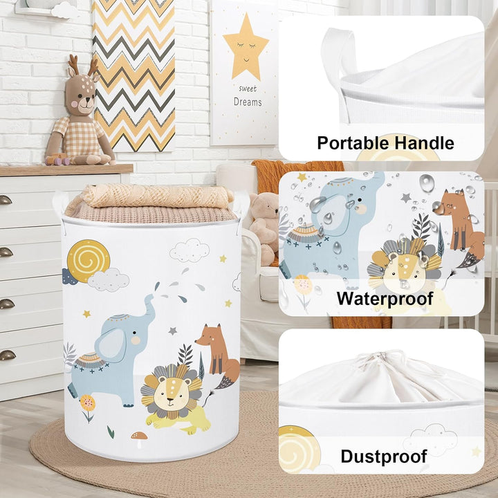 Clastyle Waldtier Löwe Elefant Weiss Kinder Wäschekorb für Jungen Mädchen Grosse Fuchs Kleidung Spie