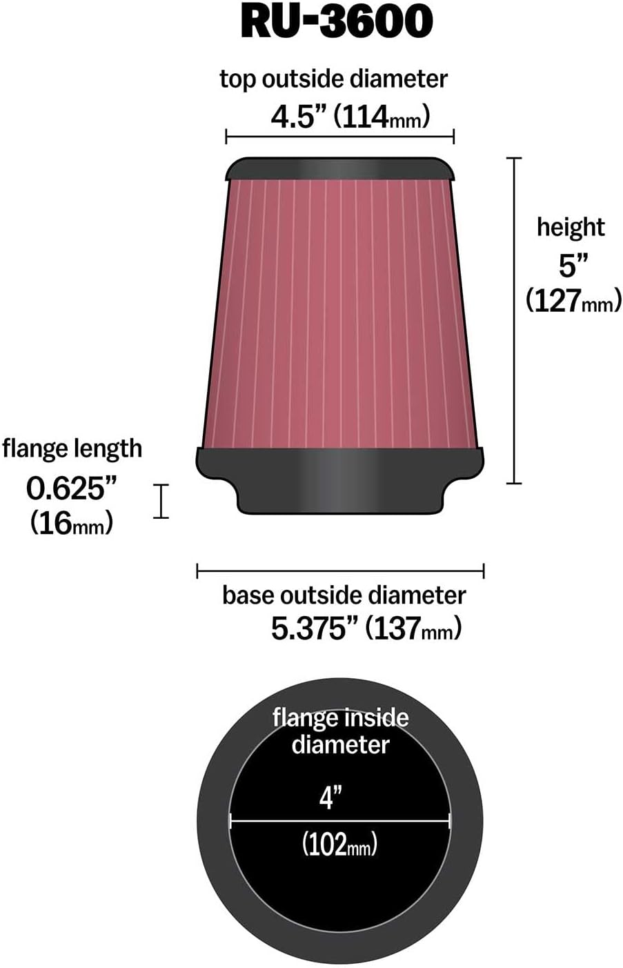 K&N universal Konisch Filter 102mm Anschluss, 137mm Untendiameter, 114mm Obendiameter, 127 mm (RU-36