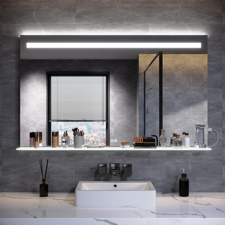LED Badspiegel, 1200x750 mm, mit Ablage aus gehärtetem Glas, 3 Farbtemperaturen+Antibeschlag+Touch-S