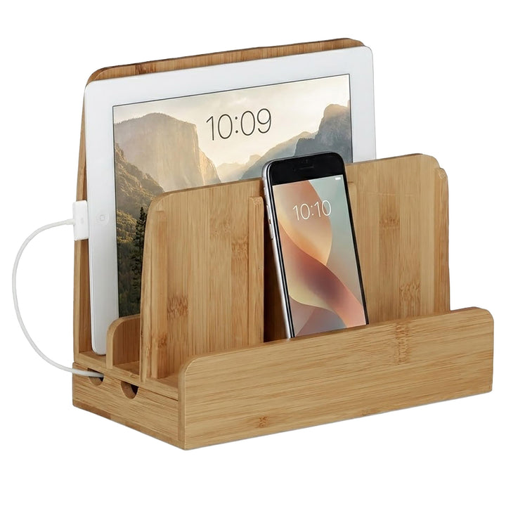 Relaxdays Ladestation Bambus, Ladestationhalter, 3 Ablagen, Smartphone, Handy, Tablets, HBT: 23 x 25