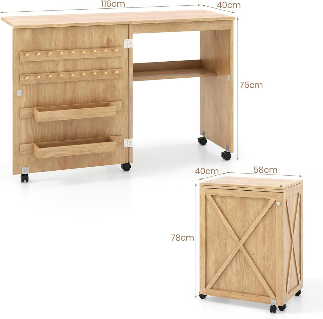 LIFEZEAL Nähmaschinenschrank klappbar, Nähschrank 2 in 1, Schreibtisch Holz mit Haken, Ablage &amp; Roll