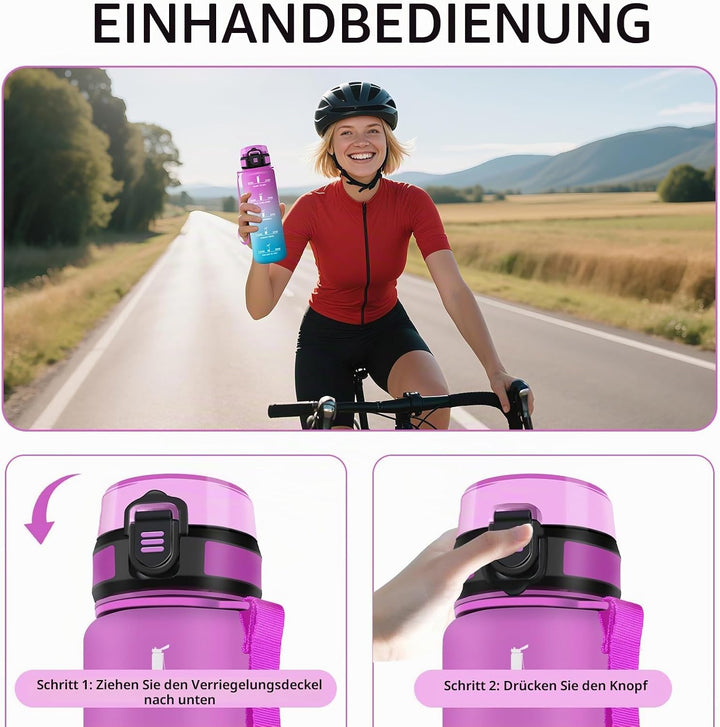 HoneyHolly Trinkflasche 1L mit Strohhalm, Trinkflasche Kohlensäure Geeignet, Wasserflasche Sport mit