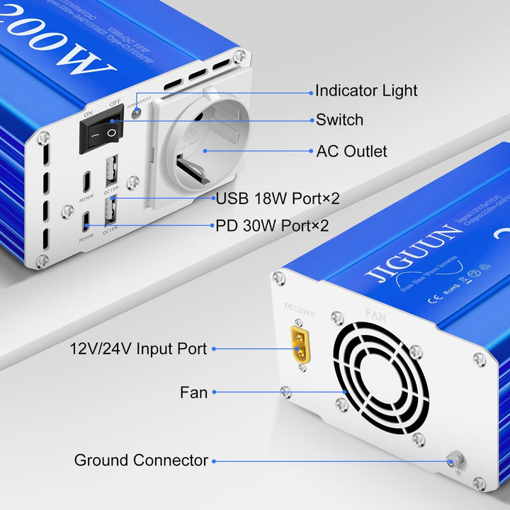 JIGUUN 200W Wechselrichter 12V/24V auf 230V Reiner Sinus Spannungswandler mit EU Steckdose,2 USB,2 T