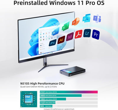 MeLE Mini PC, Quieter3Q Celeron N5105 8GB 128GB Windows 11 Pro Micro Computer Lüfterlose Kleine Desk