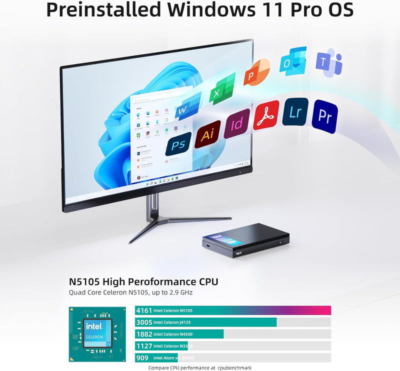 MeLE Mini PC, Quieter3Q Celeron N5105 8GB 128GB Windows 11 Pro Micro Computer Lüfterlose Kleine Desk