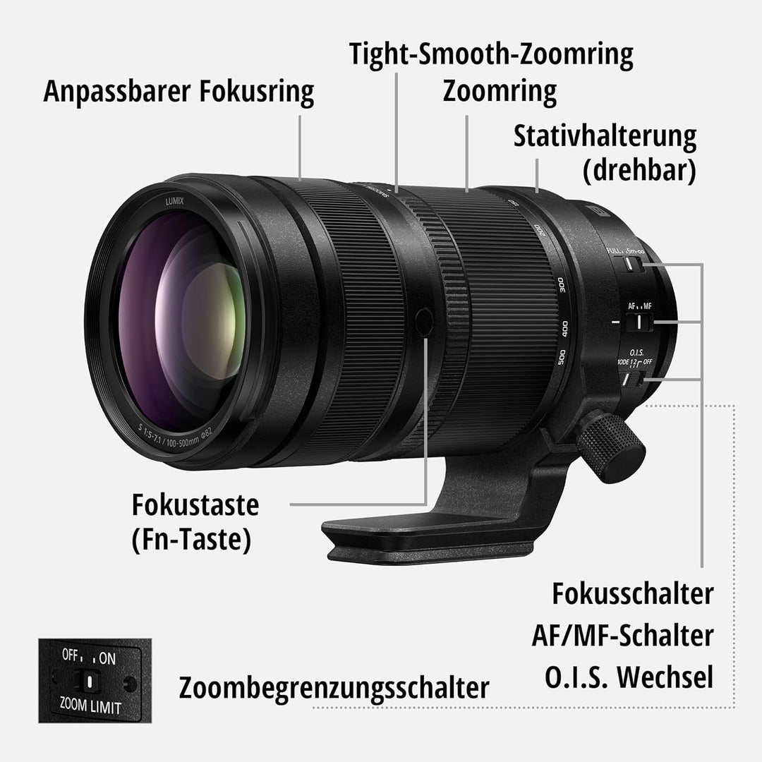 Panasonic LUMIX S-R100500E 100-500 mm F5-7.1 O.I.S. L-Mount Objektiv, Vollformat-Telezoom, 0,8 m Nah