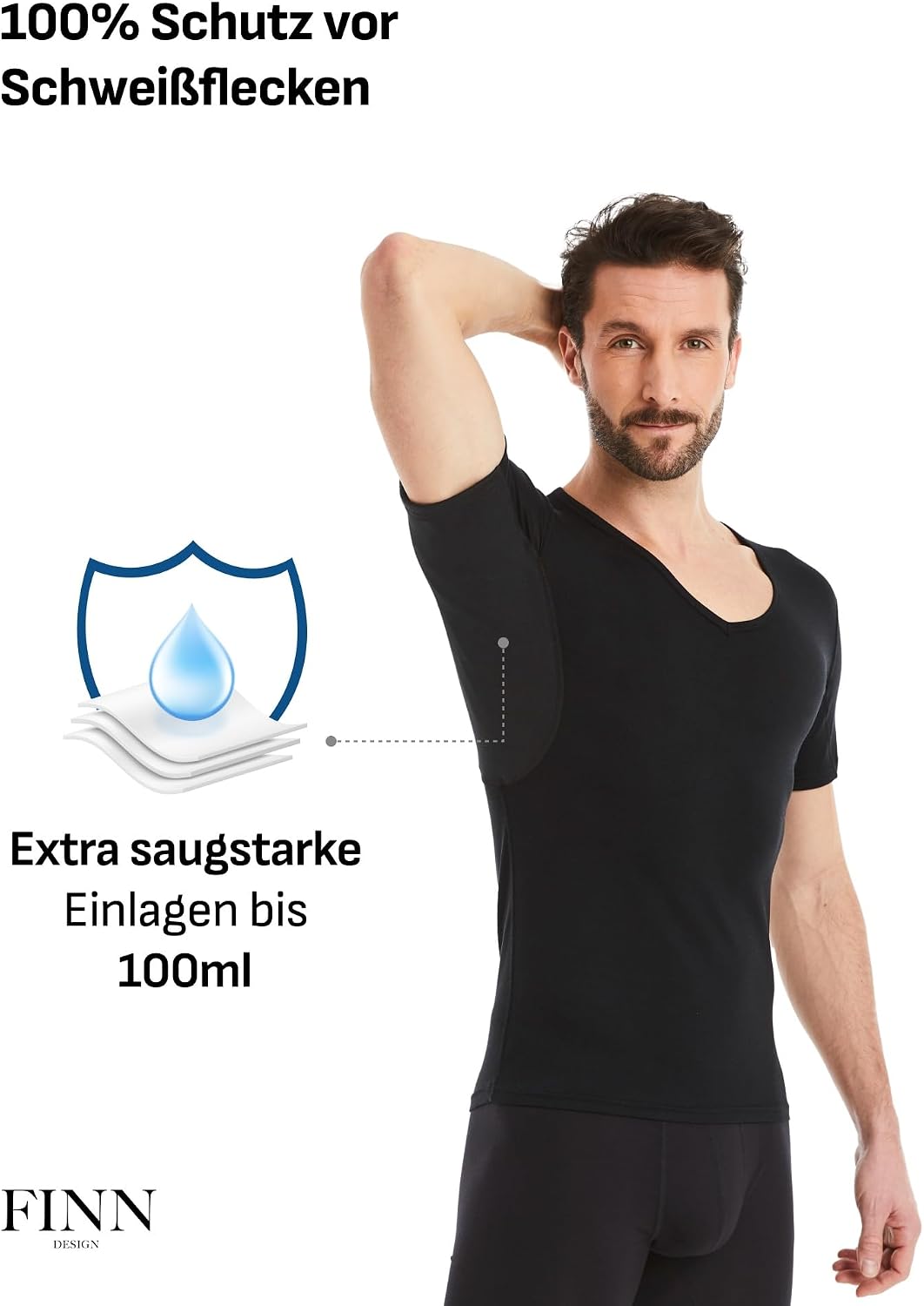 FINN Anti-Schweiss Shirt Herren mit V-Ausschnitt und integrierten Achselpads gegen Starkes Schwitzen