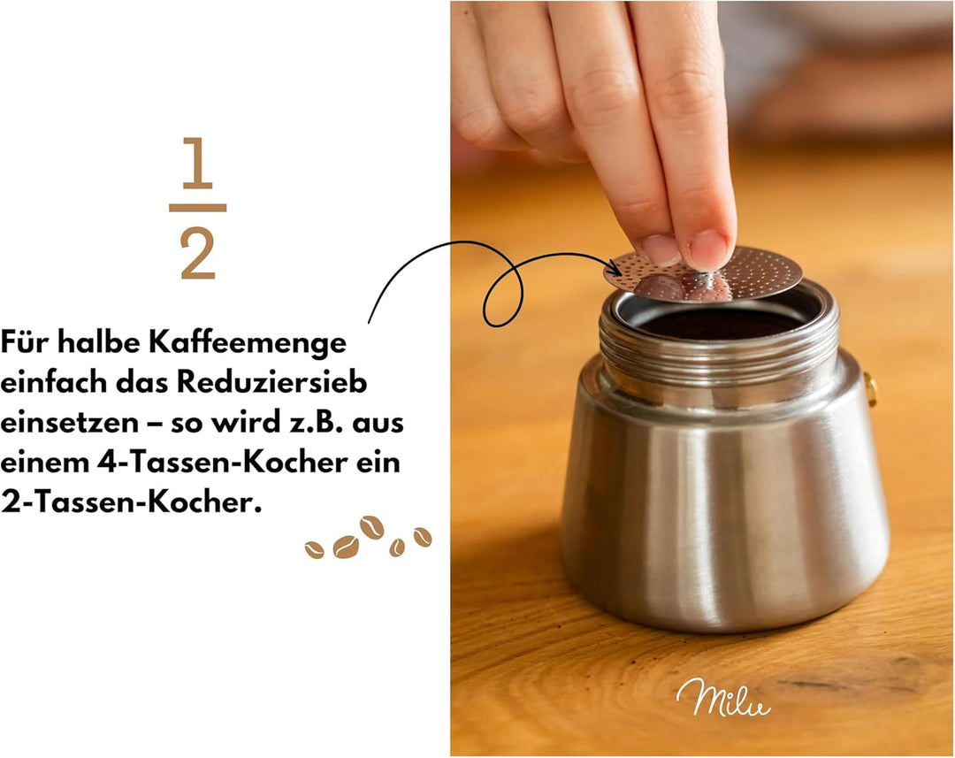 Milu Espressokocher (2 Cup No Induktion) | 2, 4, 6, 9 Tassen| Edelstahl Mokkakanne, Espressokanne, E