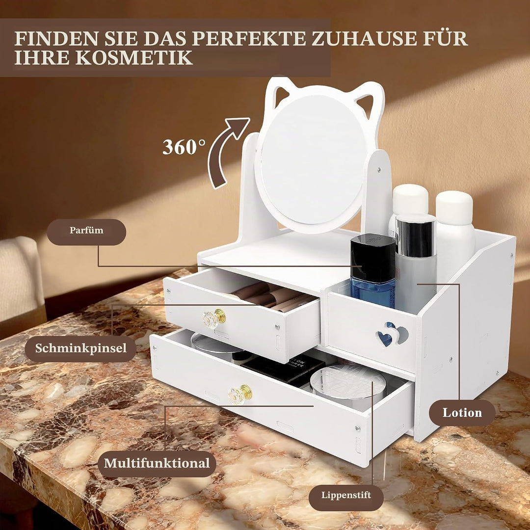 LEcylankEr Schminktisch Organizer mit 360° Spiegel und Schublade, Kosmetik Organizer aus PVC Weiss,