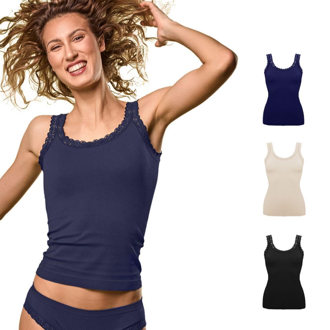 FOCENZA Tanktop mit Spitzenträgern, Nahtlose Technologie, Made in Italy S-M Black – Powder – Blue, S
