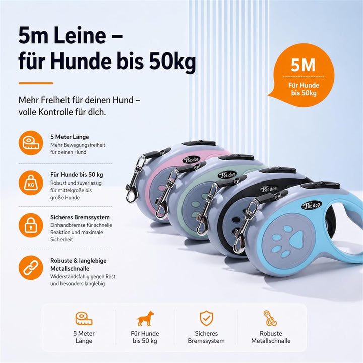 Hundeleine 5 m – Ausziehbare Rollleine mit Einhand-Bremse &amp; Komfortgriff (Hellblau), Hellblau