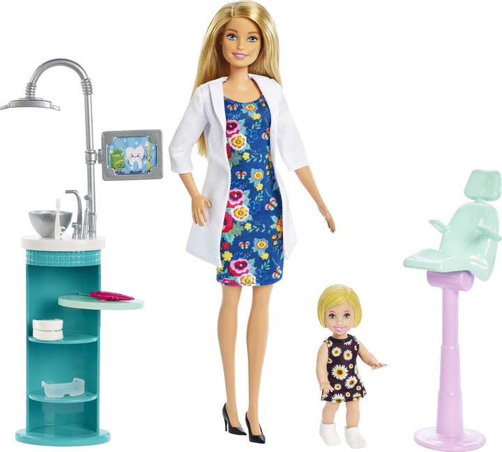 Barbie FXP16 - Zahnärztin-Puppe, Blonde, Spielset, kleine Patientenpuppe, Spülbecken, Behandlungsstu