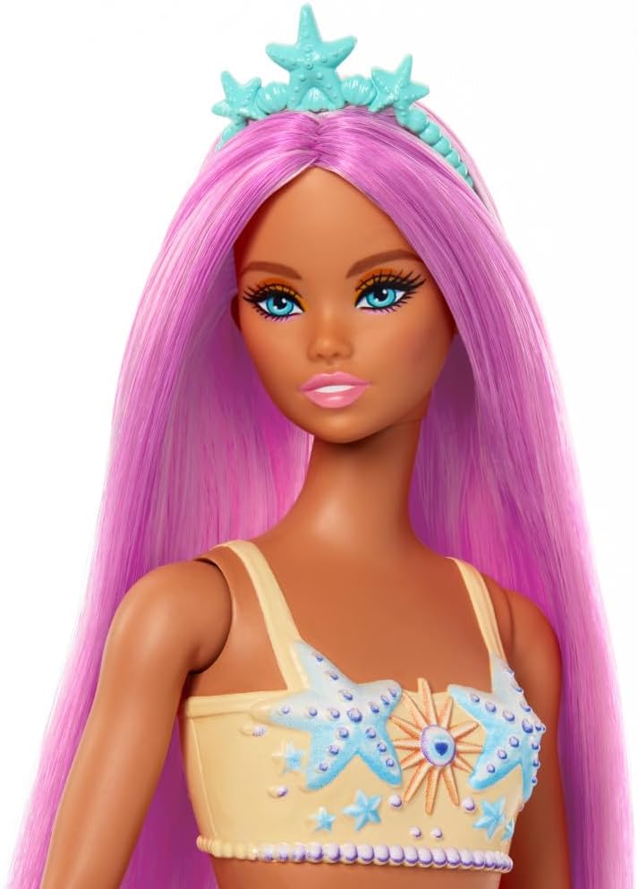 Barbie Meerjungfrau-Puppe mit fantasievollem Haar in Pink mit Haarband, Puppe mit Seestern-Oberteil