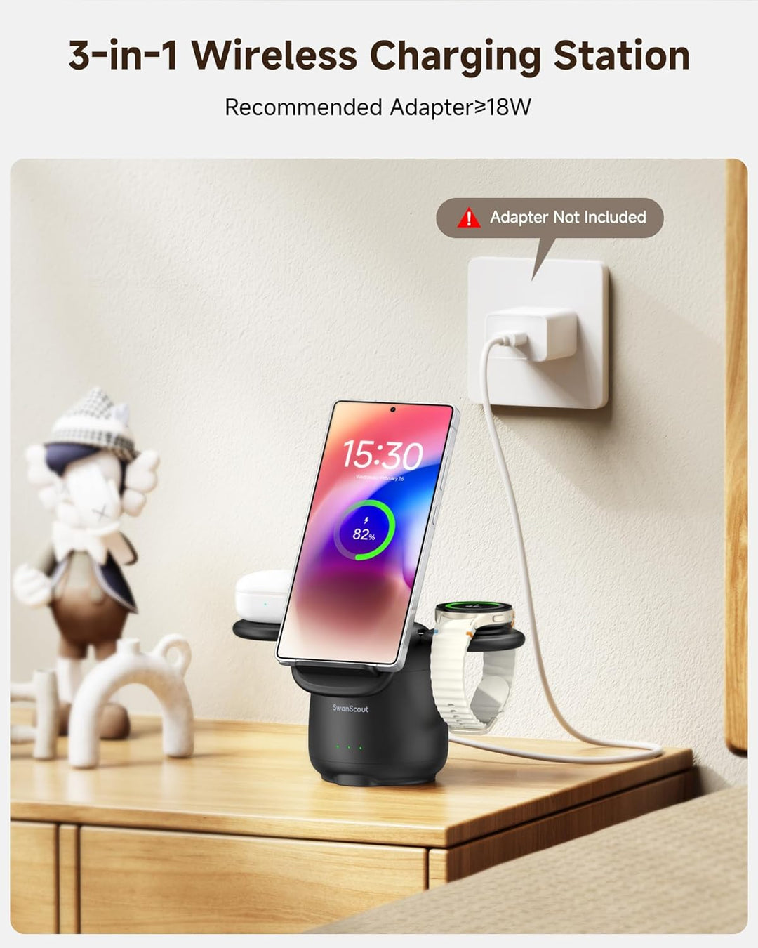 SwanScout Induktive Ladestation für Samsung S26+, 3 in 1 Wireless Charger für Samsung S25/S24/S23/Z