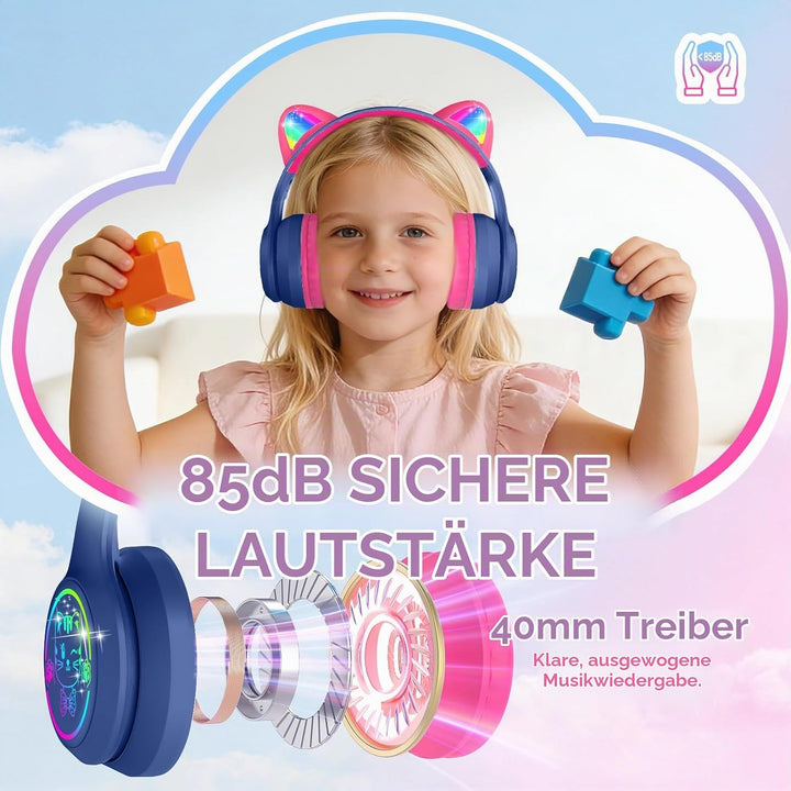 IFECCO Bluetooth Kopfhörer Kinder kabellos mit Aufbewahrungstasche, Kinderkopfhörer Over-Ear mit LED