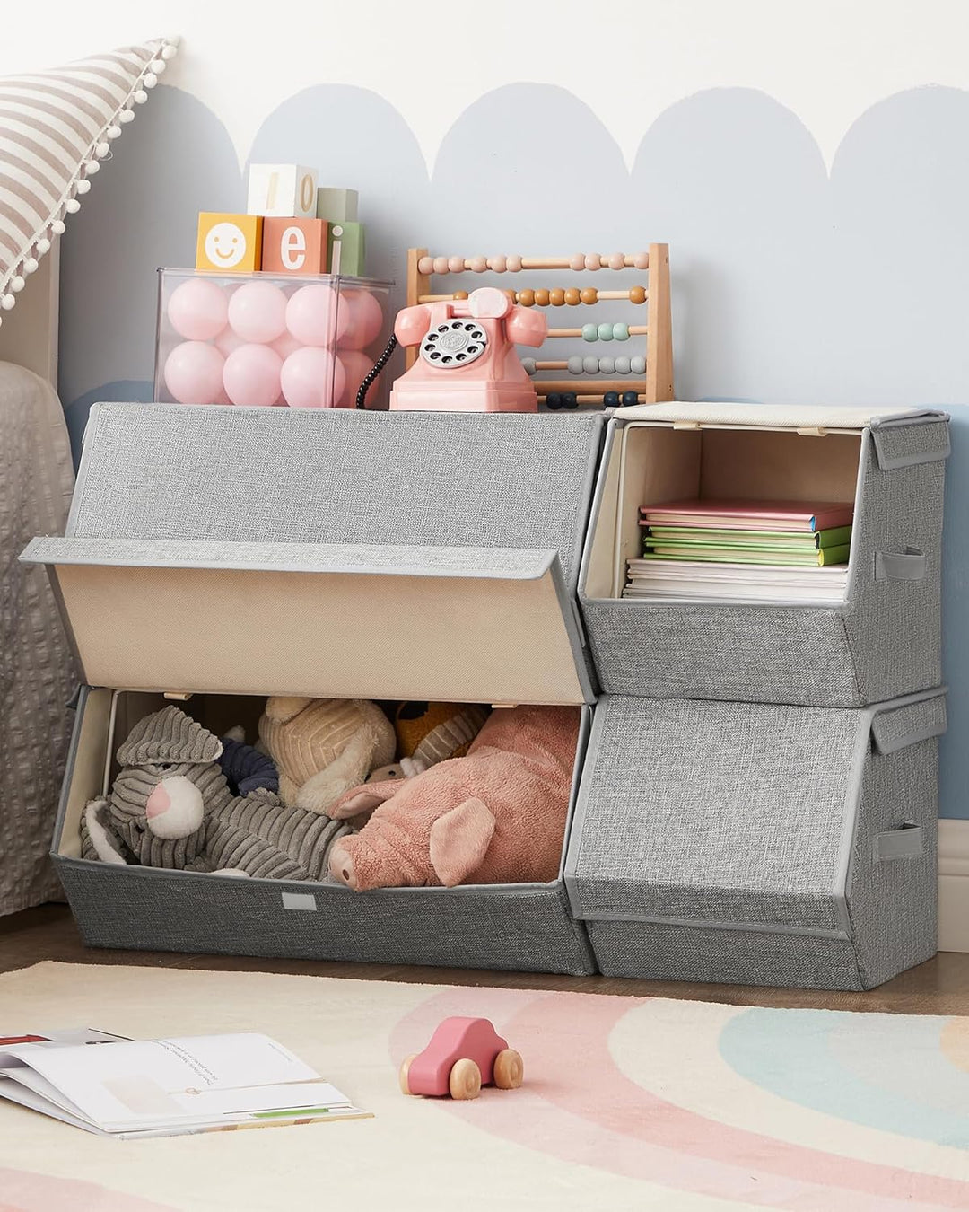 SONGMICS Aufbewahrungsbox mit Deckel, 4er Set Kleiderschrank-Organizer, stapelbar, Faltbox mit Magne