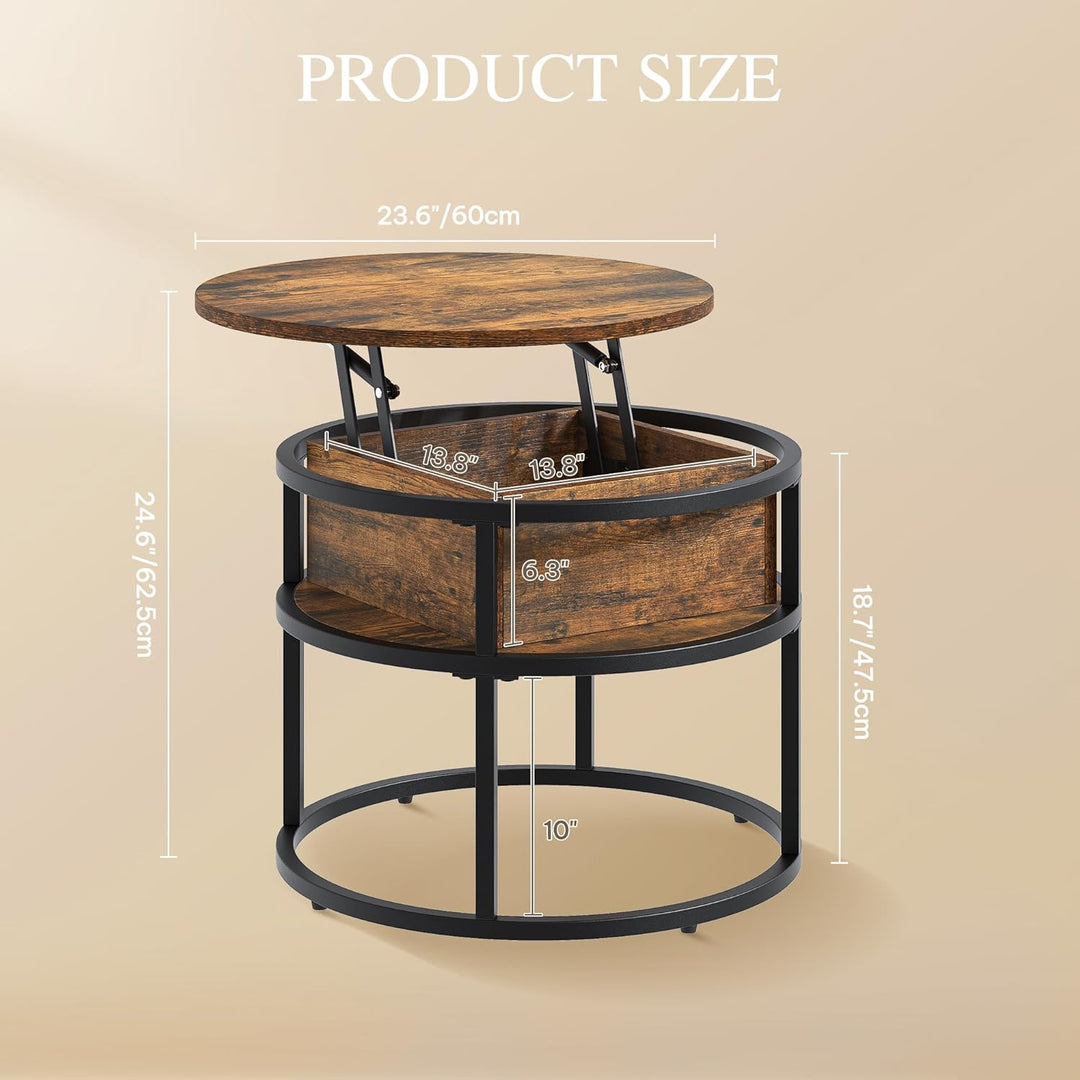 YITAHOME Couchtisch Rund mit Hebeplatte, Wohnzimmertisch Höhenverstellbar mit Stauraum 60x60x47cm, C