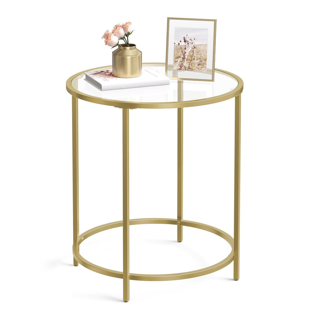 VASAGLE Beistelltisch rund, Glastisch mit goldenem Metallgestell, Kleiner Couchtisch, Nachttisch, So