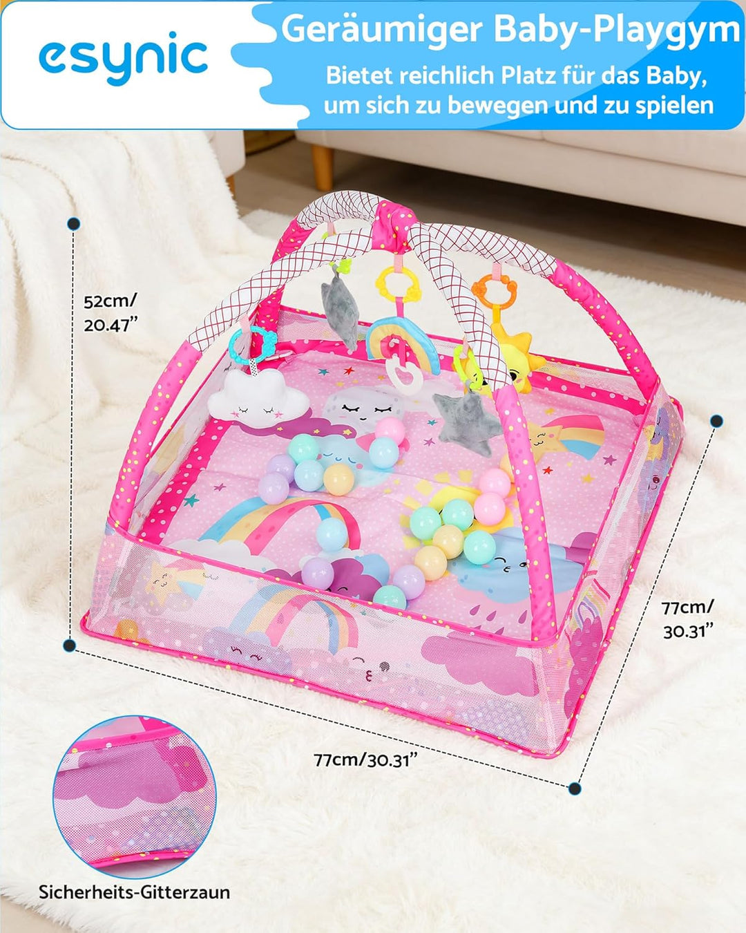 eSynic Babygym Spieldecke Krabbeldecke mit Spielbogen & Netz 7-in-1 Baby Play Mat für Bauchzeit mit