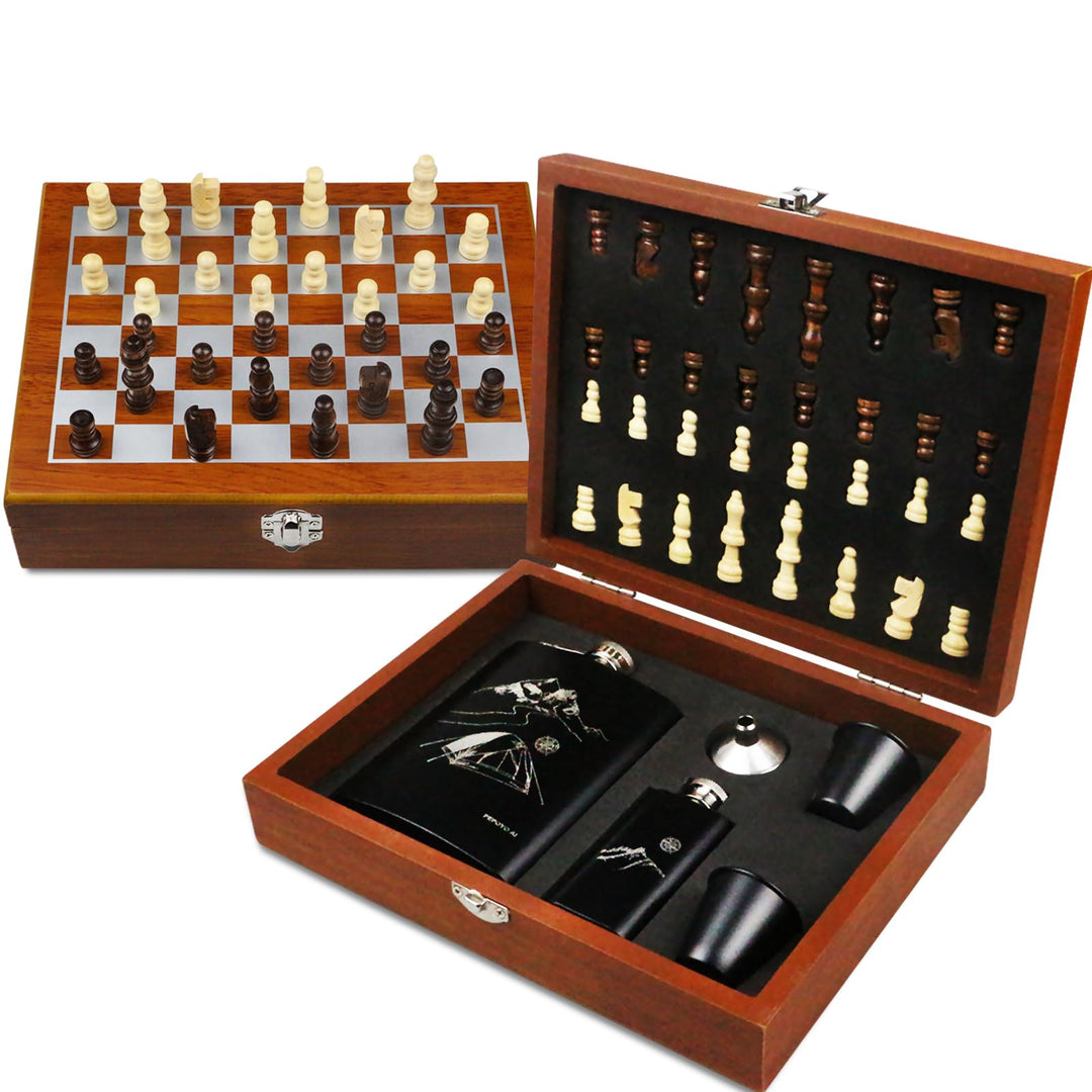 Flachmann Set 260ML mit Schachspiel, Edelstahl Whisky Topf Mini Schnapsflasche Upscale Tragbar Alkoh