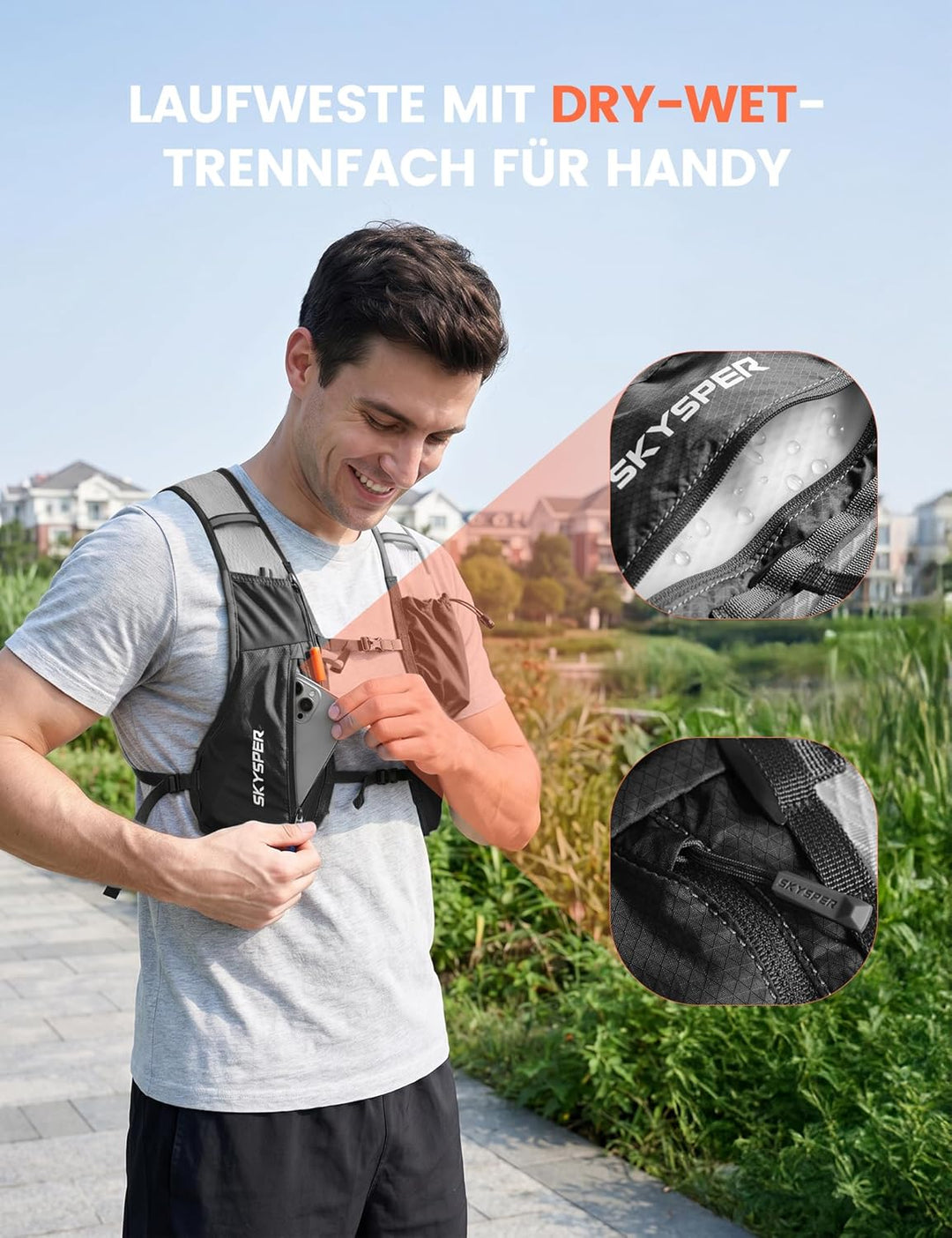 SKYSPER Laufweste für Damen Herren 12L Laufrucksack mit 500ml Trinkflasche Reflektierende Trinkweste