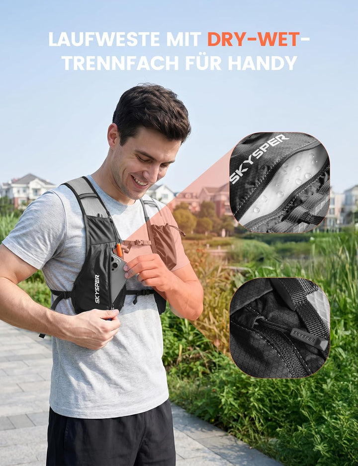 SKYSPER Laufweste für Damen Herren 12L Laufrucksack mit 500ml Trinkflasche Reflektierende Trinkweste
