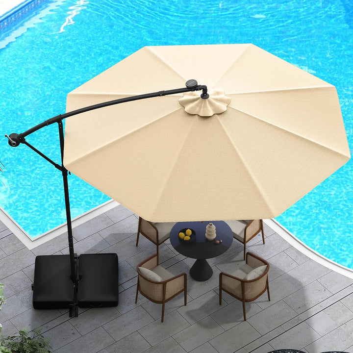 COSTWAY 300 cm Sonnenschirm mit Ständer und LED-Leuchten, Ampelschirm mit Kurbel, Gartenschirm, UV-S