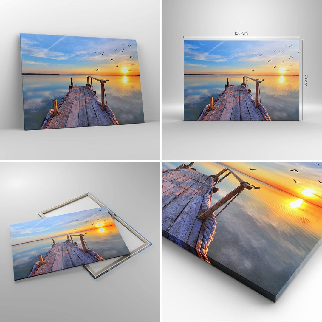 ARTTOR Bilder auf Leinwand 100x70cm Leinwandbild See Natur Brücke Vögel Gross Wanddeko Bild Schlafzi