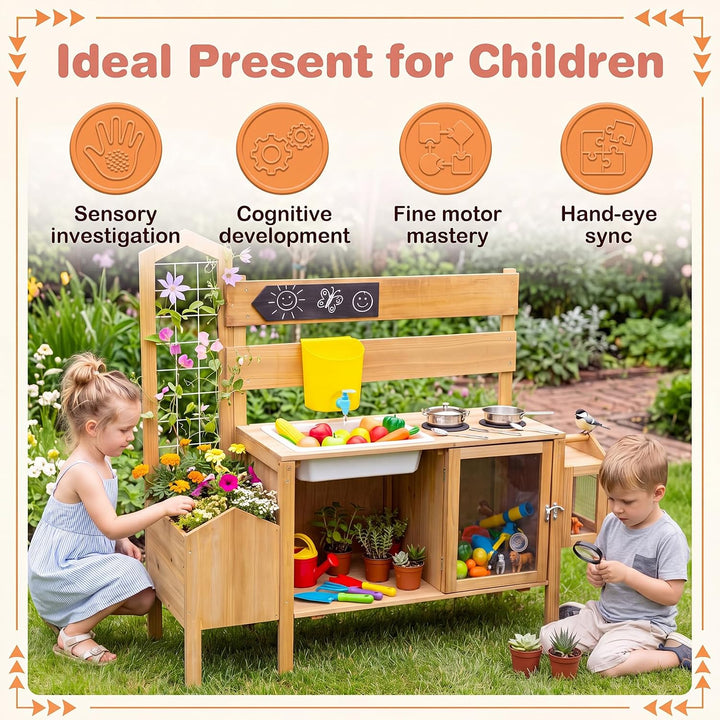 DREAMADE Matschküche Kinder Outdoor, Mud Kitchen Holz | Küche Kinder mit Rankgitter, Pflanzkasten &amp;