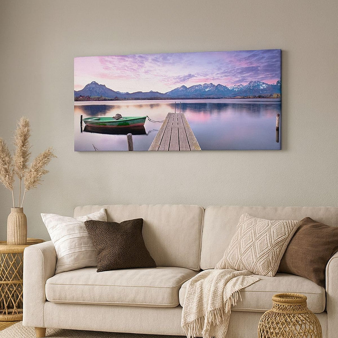 Wandbilder Dekoration Wohnzimmer See Berge Wasser Panorama Bilder auf Leinwand 120x50cm Leinwandbild