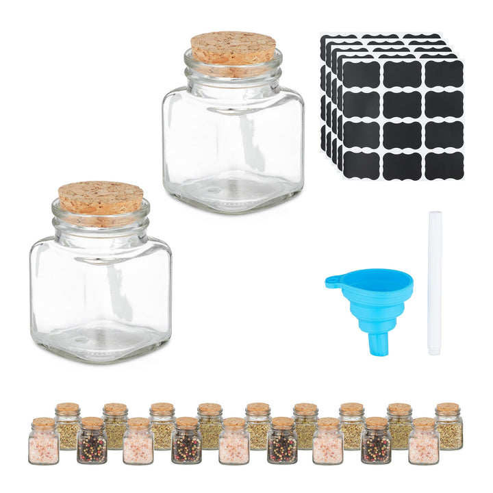 Relaxdays Gewürzgläser, 20er Set, Gewürzdosen Glas, 100 ml, inkl. Etiketten & Trichter, Korkdeckel,
