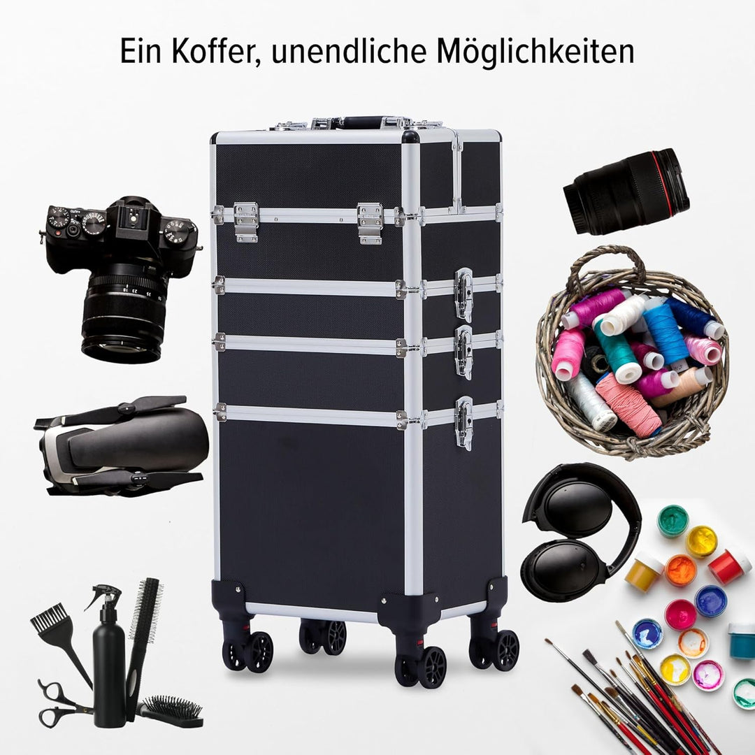 Arebos 4-in-1 Kosmetikkoffer | 4 Fächer & 1 Schublade | Teleskop- und Tragegriff | 8 Schlösser | 4X