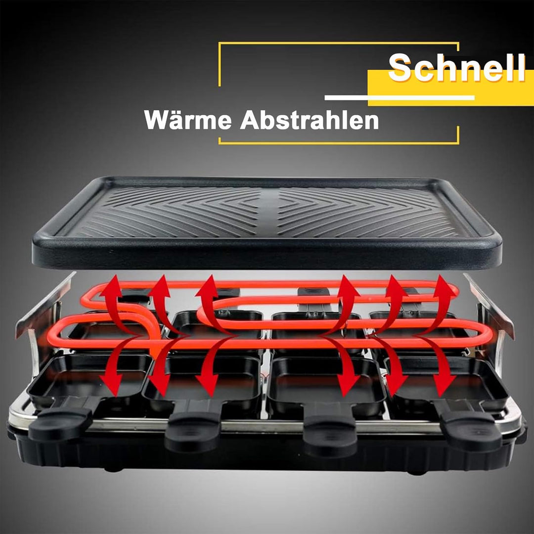 Raclette 8 Personen - Raclette Grill Antihaft Beschichtung Grillpfanne mit 8 Mini Raclette Pfännchen