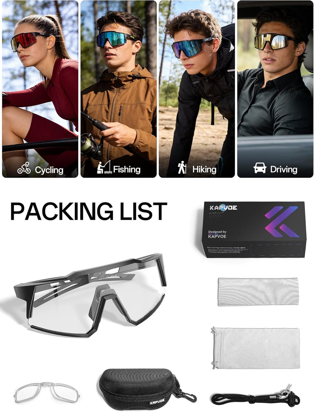 KAPVOE Photochromatische Selbsttönend Fahrradbrille TR90 Rahmen für Herren Damen Klar Sportsonnenbri