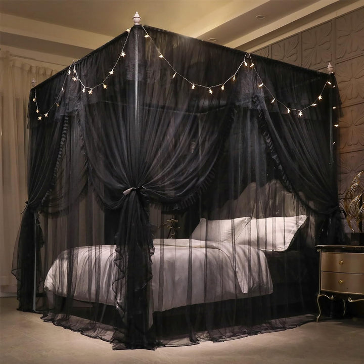 VETHIN 4 Ecken Pfosten Rüschen Prinzessin Bett Baldachin Vorhang, doppellagig, gemütlich, schwarz, 1
