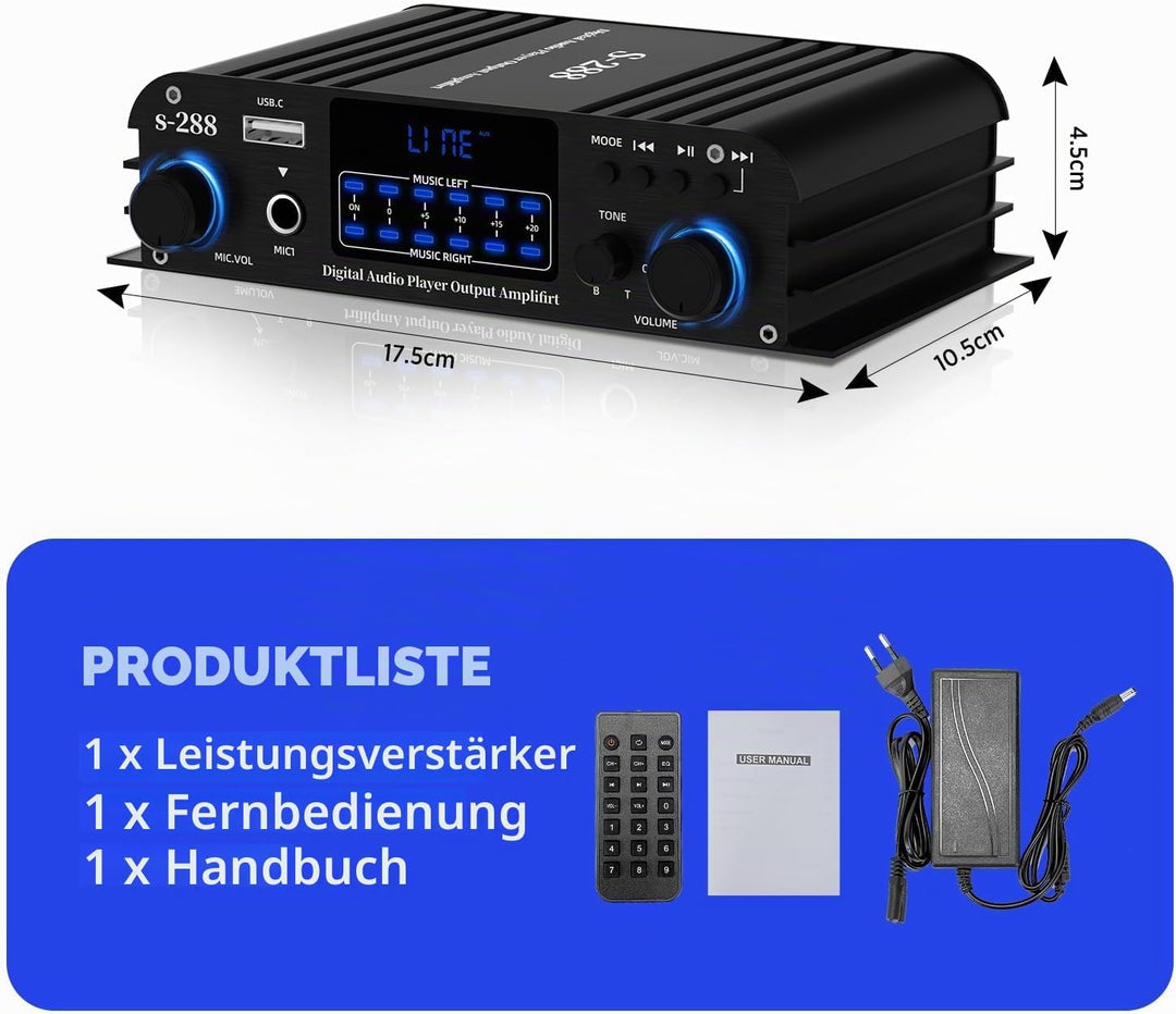 4.1-Kanal Verstärker, 1200W Mini HiFi Stereo Verstärker, Bluetooth 5.0 für Heimlautsprecher 35W x 4