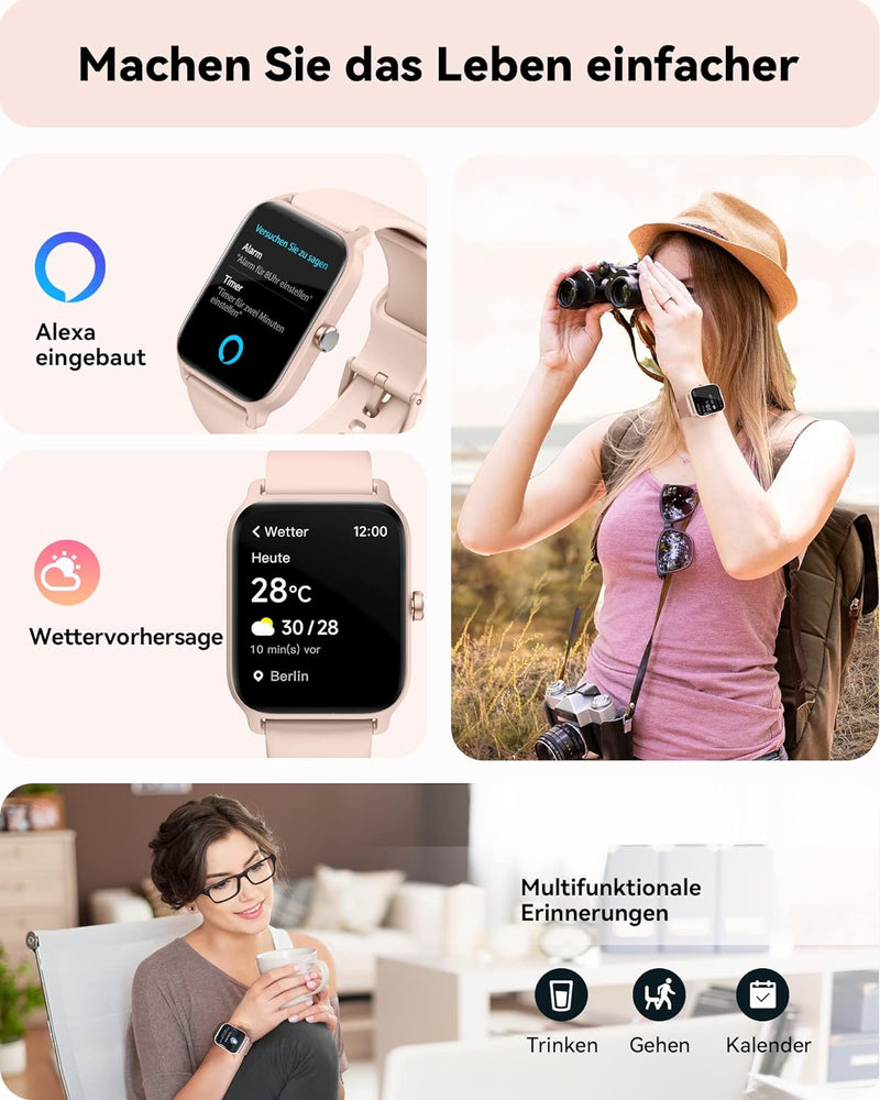 Smartwatch Damen mit Telefonfunktion, 1.8" Fitnessuhr Damen mit Alexa integriertem Pulsmesser/Schlaf
