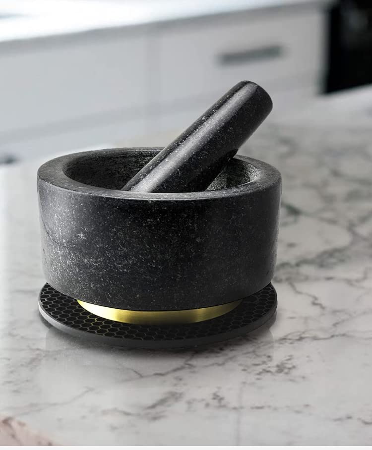 MARINDO Granit Mörser mit Stössel | Mörser mit extra langem Stössel & Gold ummantelter Kupferbasis |