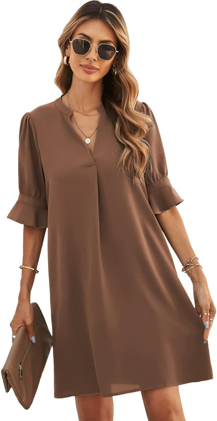 Famulily Frauen V-Ausschnitt Halbarm Hemdkleid Elegant Sommer Casual Einfarbig Kurzes Kleid S-XXL M