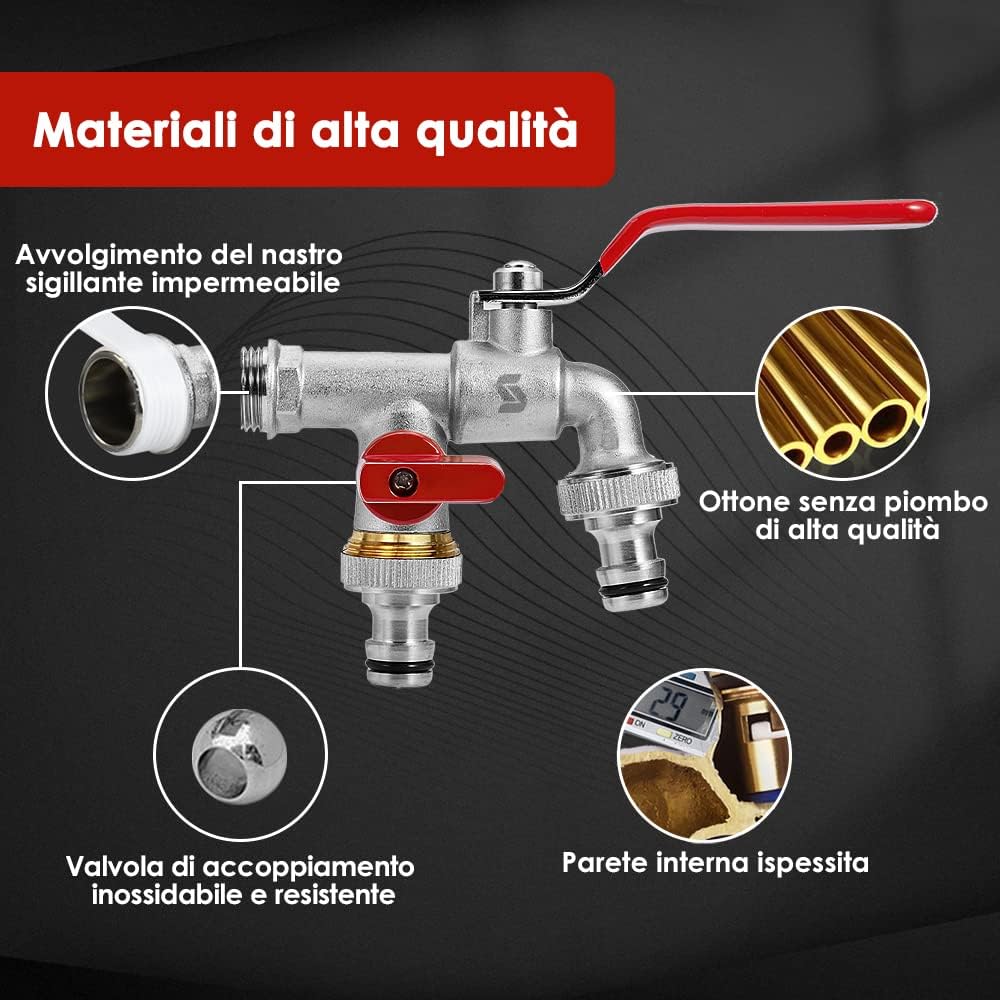 SPGOOD Premium Garten Wasserhahn, 1/2 Doppel Messing Wasserhahn Rost- + mit 2 Schlauchanschlüsse + 1