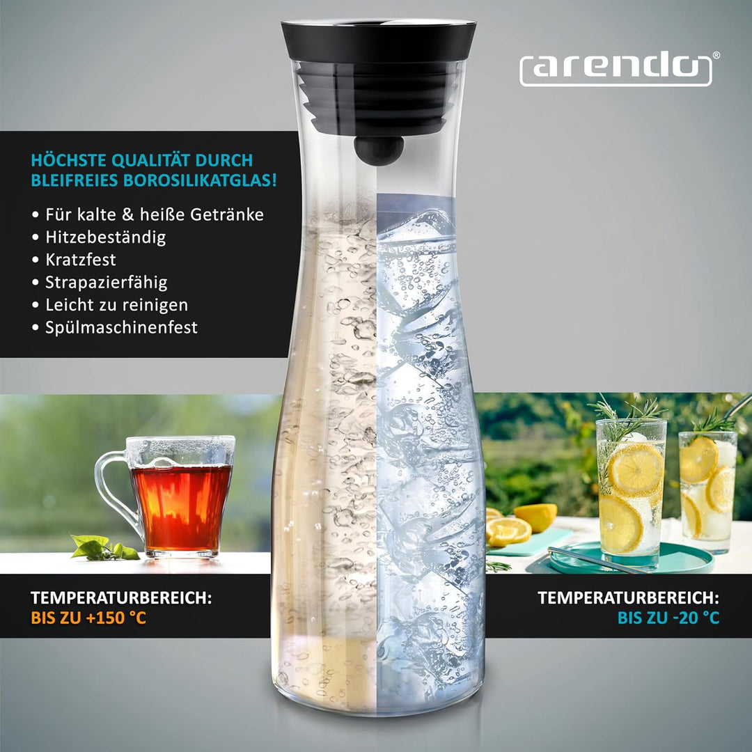 Arendo - Wasserkaraffe mit Deckel 1700 ml, Glaskaraffe mit Deckel und integriertem Grobfilter aus Ed