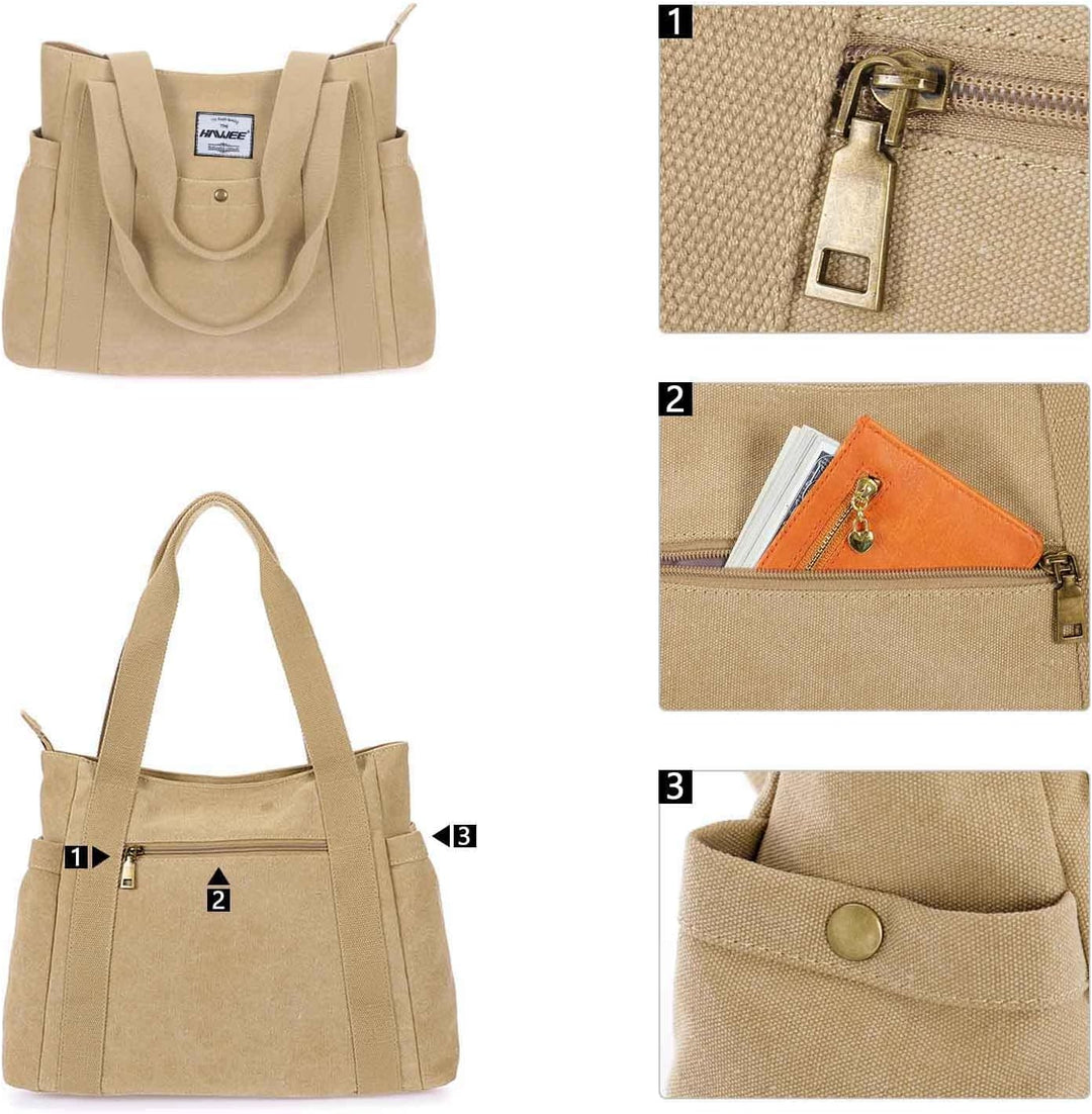 HAWEE Canvas Damen Handtasche Shopper Tote Bag Grosse Schultertasche mit Reissverschluss Umhängetasc