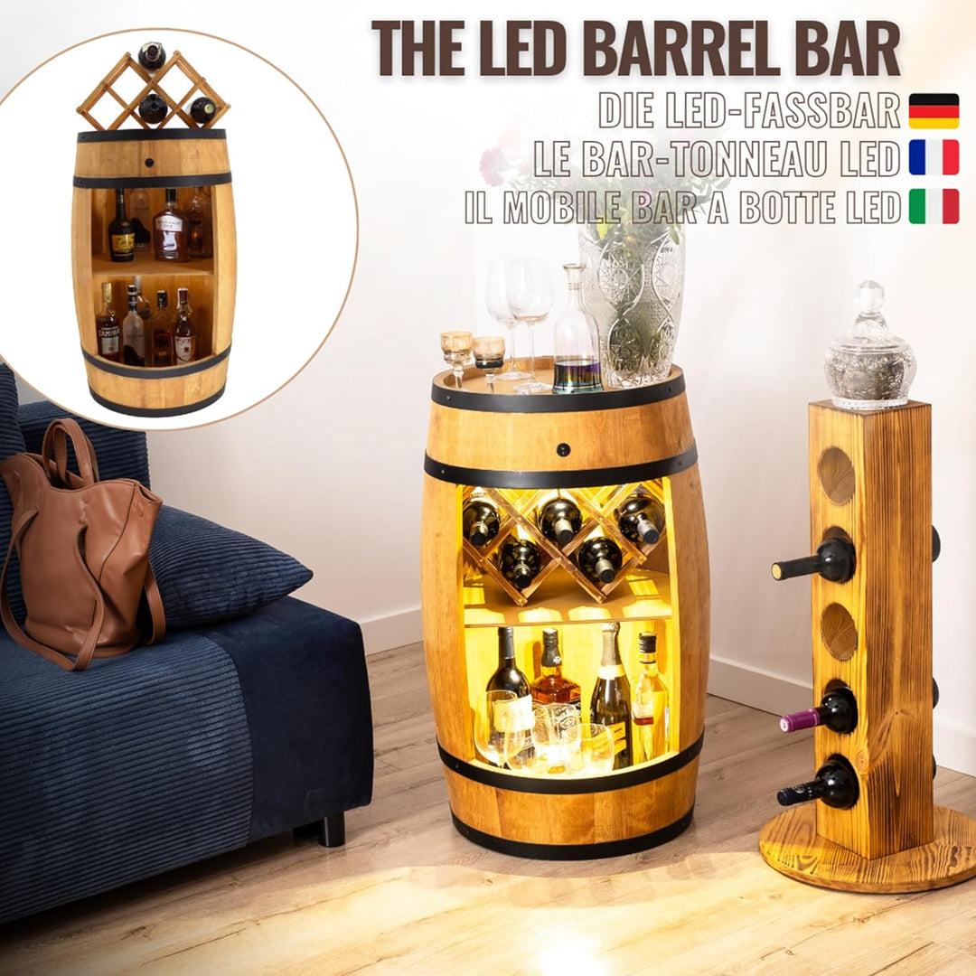 CREATIVE COOPER Fass bar mit Weinhalter - Weinregal LED- Holzfass Hausbar 80x50cm - Rustikaler deko