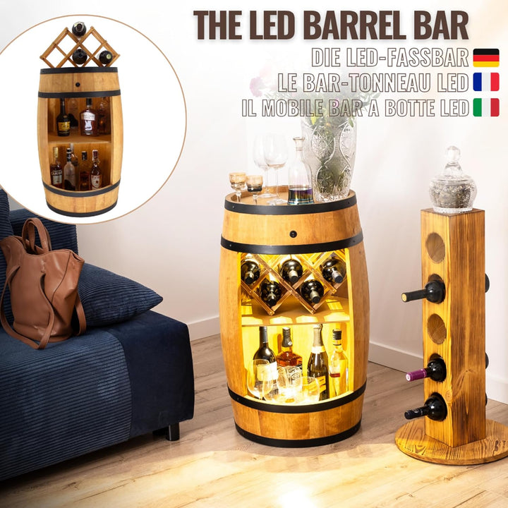 CREATIVE COOPER Fass bar mit Weinhalter - Weinregal LED- Holzfass Hausbar 80x50cm - Rustikaler deko